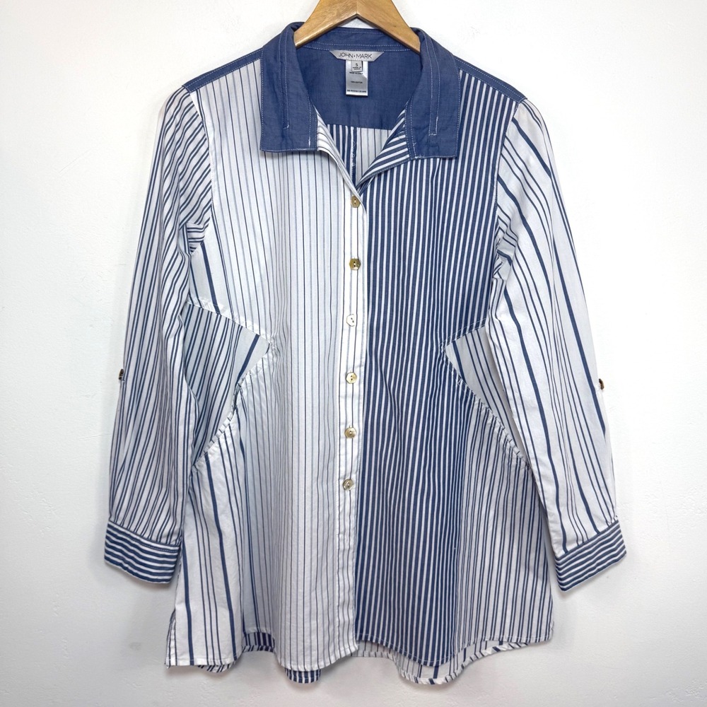 John Mark Striped Patchwork Button Down Shirt S Lagenlook Artsy Coastal Tunic